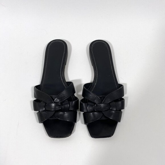 SAINT LAURENT Black Leather Woven Sandal Slide *AS IS* - Picture 1 of 10
